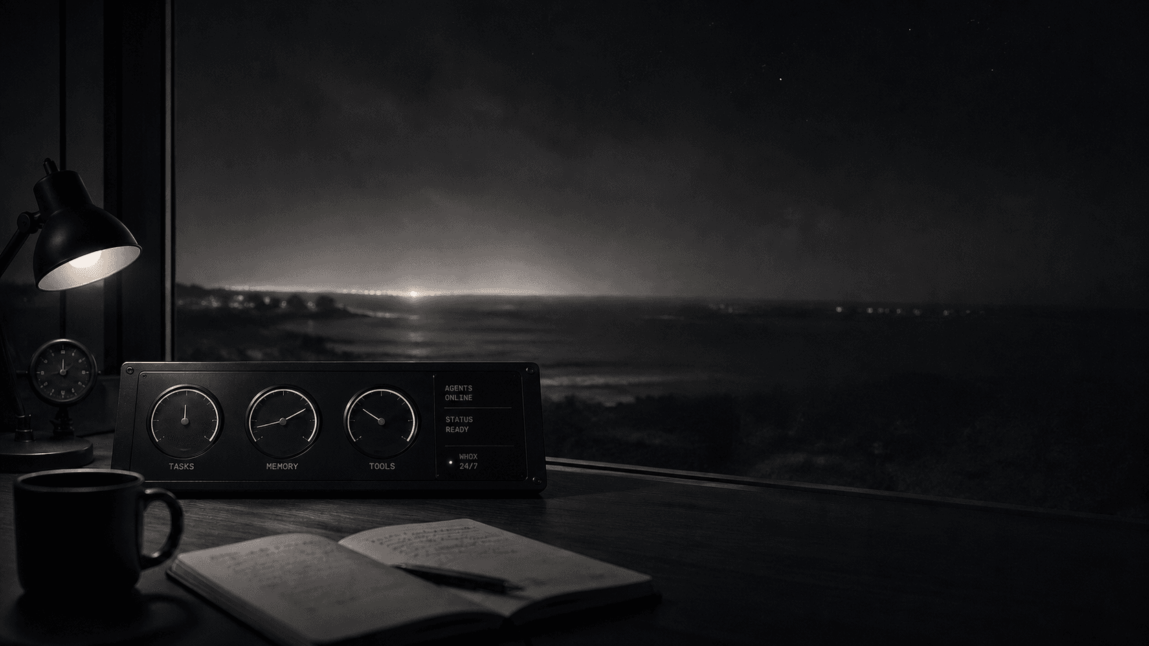 A night-shift desk overlooking the coast: lamp, ledger, mug, and a WHOX console reading 99.97% silence over 24 hours